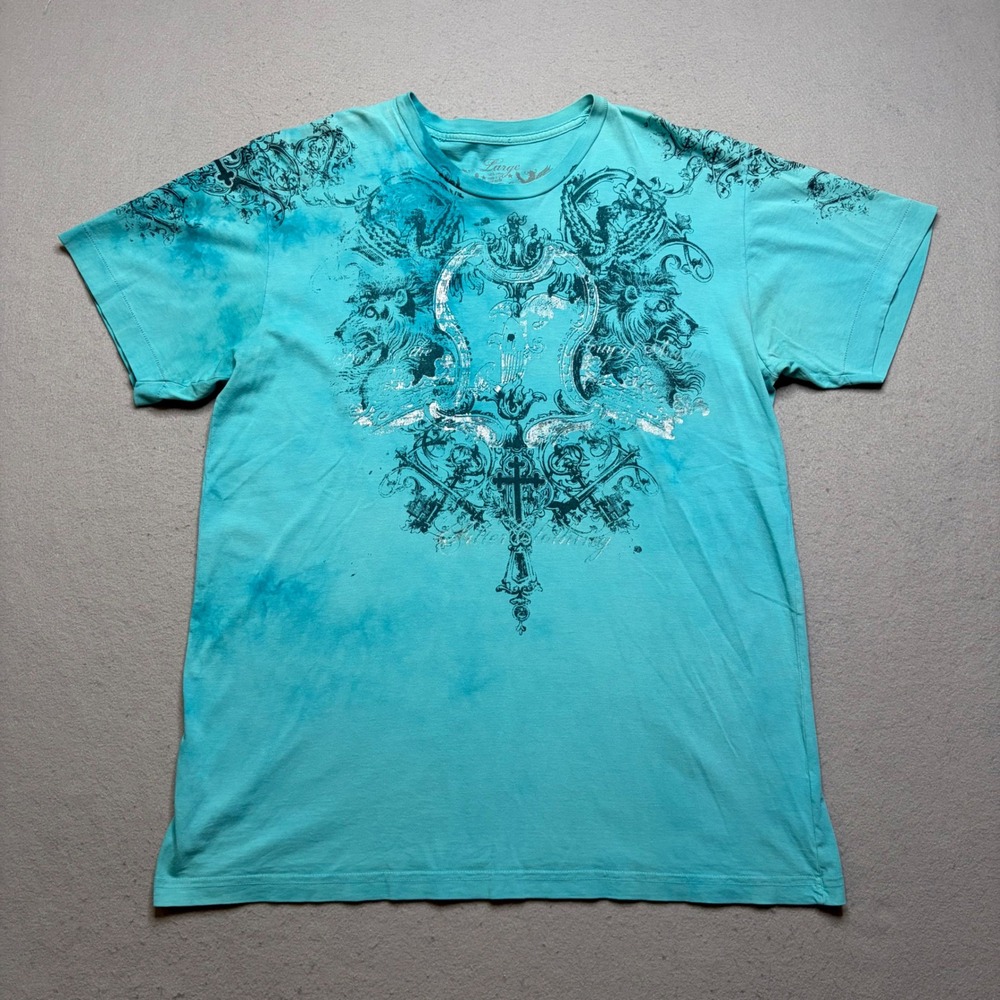 Filter Graphic T-Shirt Mens Large Turquoise Limited Edition Y2K Lion Cross Foil